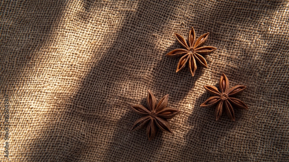 Three star anise spices arranged neatly on a rustic, burlap cloth, with a soft shadow cast from natural light Three star anise spices arranged neatly on a rustic, burlap cloth, with a soft shadow cast from natural light