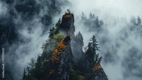  A towering mountain, forested in the foreground, shrouded mid-image in a foggy sky