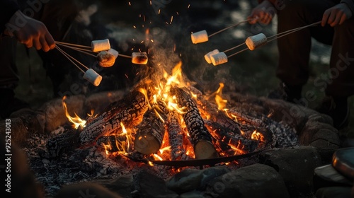 Toasting marshmallows over an open fire, with skewers and flames creating a classic outdoor experience