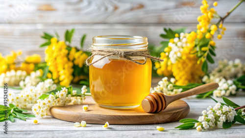 a jar of organic honey on the table against a background of blooming flowers, natural product, bowl, sweet, yellow, golden, apiary, farm, honey farming, beekeeping, delicious food