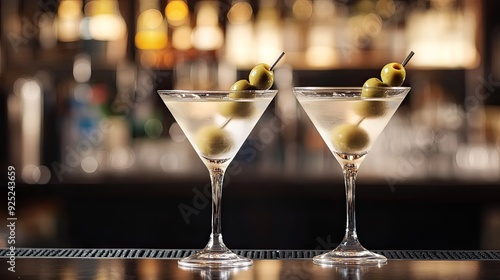 Wallpaper Mural Two elegant martini glasses filled with clear martinis, garnished with olives, on a sleek, modern counter with soft lighting Torontodigital.ca