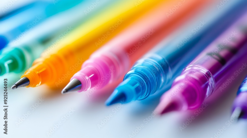 A close-up of a collection of colored pens with their caps off, lined up on a white surface, highlighting their different colors and tips. A close-up of a collection of colored pens with their caps off, lined up on a white surface, highlighting their different colors and tips.