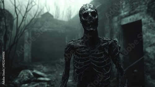 A haunting skeletal figure stands in a desolate, eerie environment, evoking feelings of fear and unease. The atmosphere is dark and foreboding.