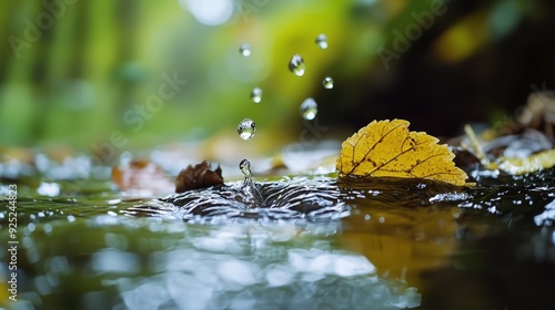  A yellow leaf drifts atop still water, beaded with drips from its edges