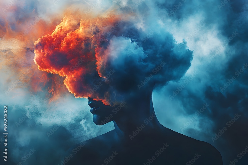 Abstract depiction of peple highlighting the effects of sleep disorders on mental health with clouds and lightning symbolizing the mental storm. Abstract depiction of peple highlighting the effects of sleep disorders on mental health with clouds and lightning symbolizing the mental storm.
