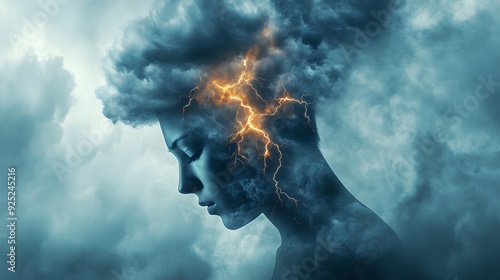 Abstract depiction of peple highlighting the effects of sleep disorders on mental health with clouds and lightning symbolizing the mental storm.