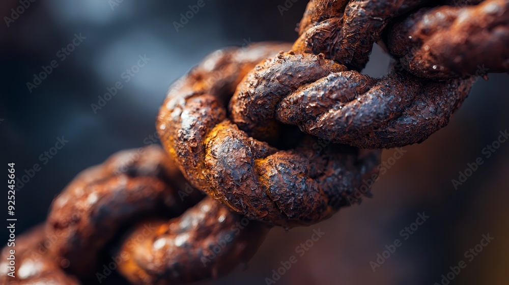 A tight shot of a rusted metal chain, adorned with water droplets at its tips A tight shot of a rusted metal chain, adorned with water droplets at its tips