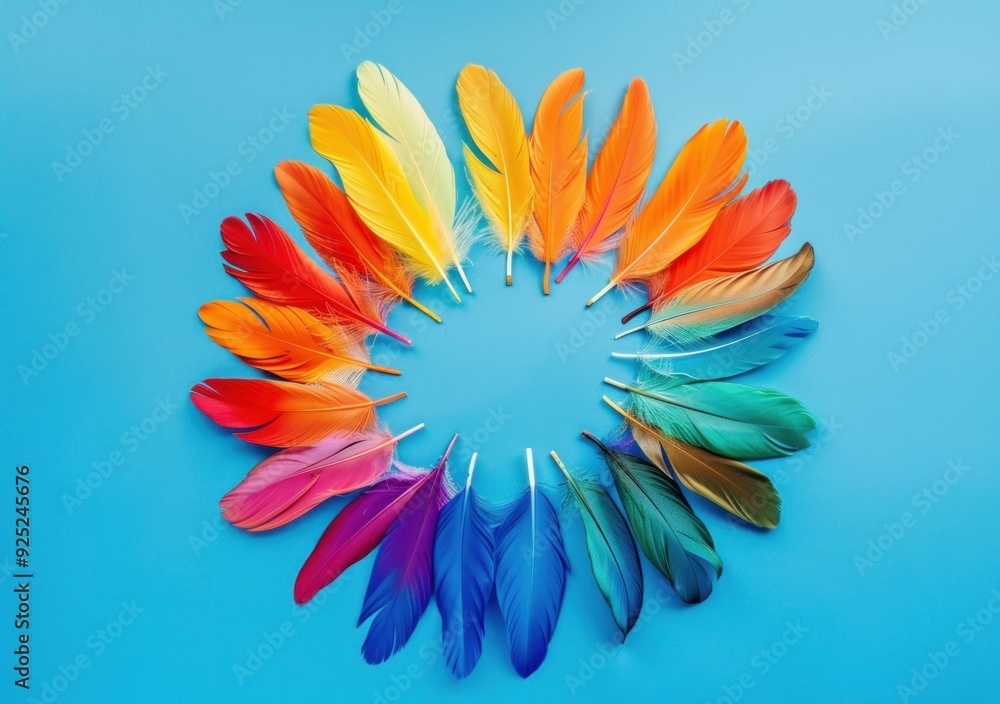 Obraz premium Colorful feathers arranged in a circular pattern on a bright blue background