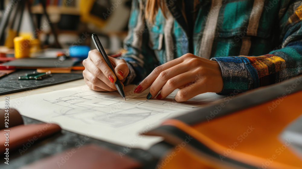Fashion designer sketching new leather accessory designs in a creative studio Fashion designer sketching new leather accessory designs in a creative studio
