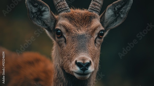  A goat's face, closely framed, with a softly blurred backdrop of grass and trees