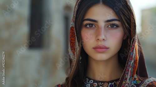 A young Palestinian woman gazes thoughtfully, wearing a beautifully patterned traditional dress and a colorful scarf in a rich cultural backdrop