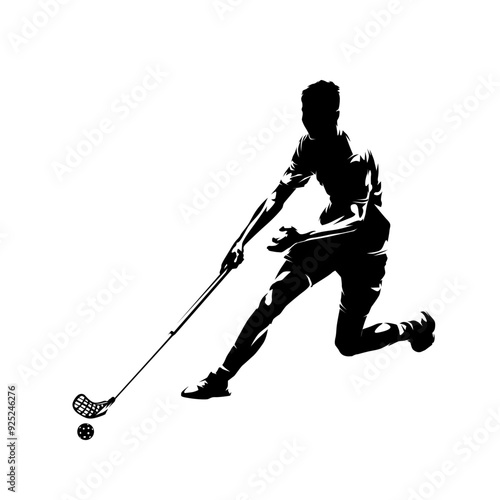 Floorbal player, isolated vector silhouette, ink drawing