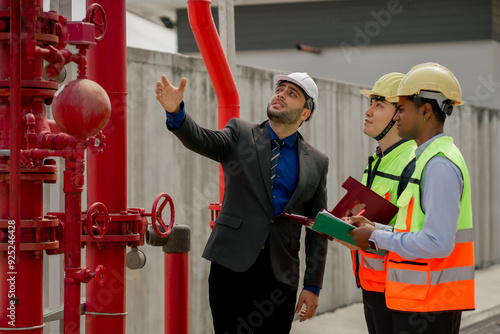 Foto Building inspector man checking fire hose cabinet