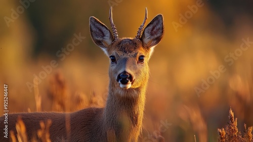  A deer, head close-up, facing sunshine amidst tall grassfield