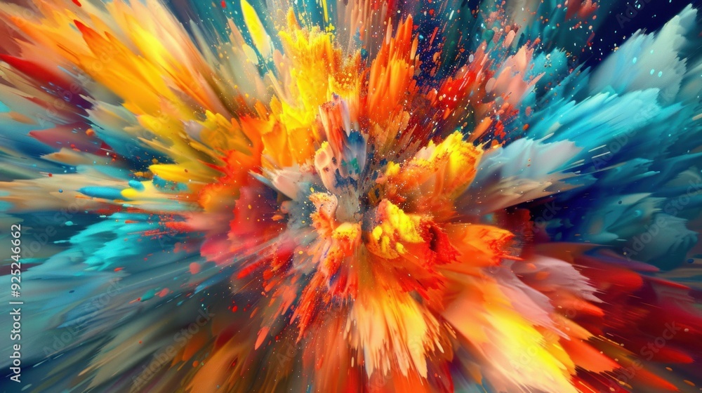 Abstract explosion of vibrant colors with splashes and patterns against a dark background Abstract explosion of vibrant colors with splashes and patterns against a dark background