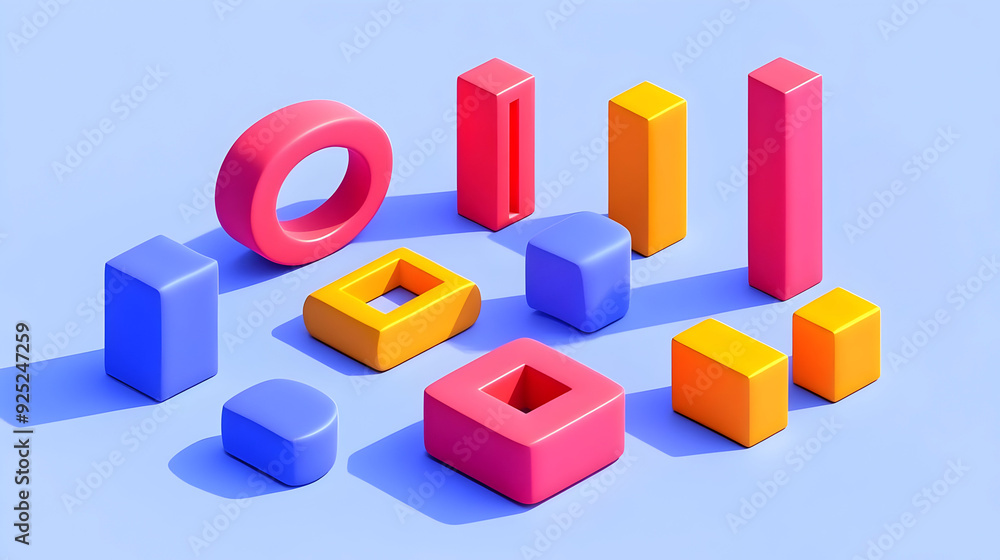 A collection of colorful 3D geometric shapes on a blue background. A collection of colorful 3D geometric shapes on a blue background.