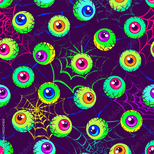 Seamless neon pattern with scattered colorful eyeballs, distorted spider web behind. Surreal, psychedelic illustration in vintage style for Halloween holiday.