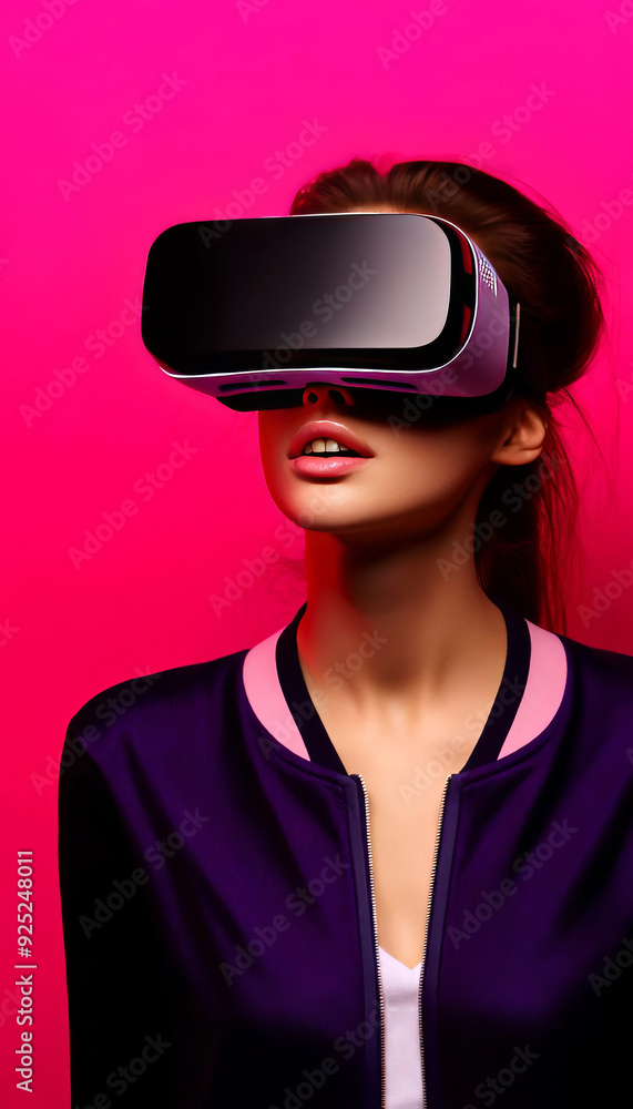 Young woman wearing a VR headset on a yellow background. Ideal for showcasing virtual reality technology, innovation in education, or modern entertainment experiences. Suitable for tech companies, edu Young woman wearing a VR headset on a yellow background. Ideal for showcasing virtual reality technology, innovation in education, or modern entertainment experiences. Suitable for tech companies, edu