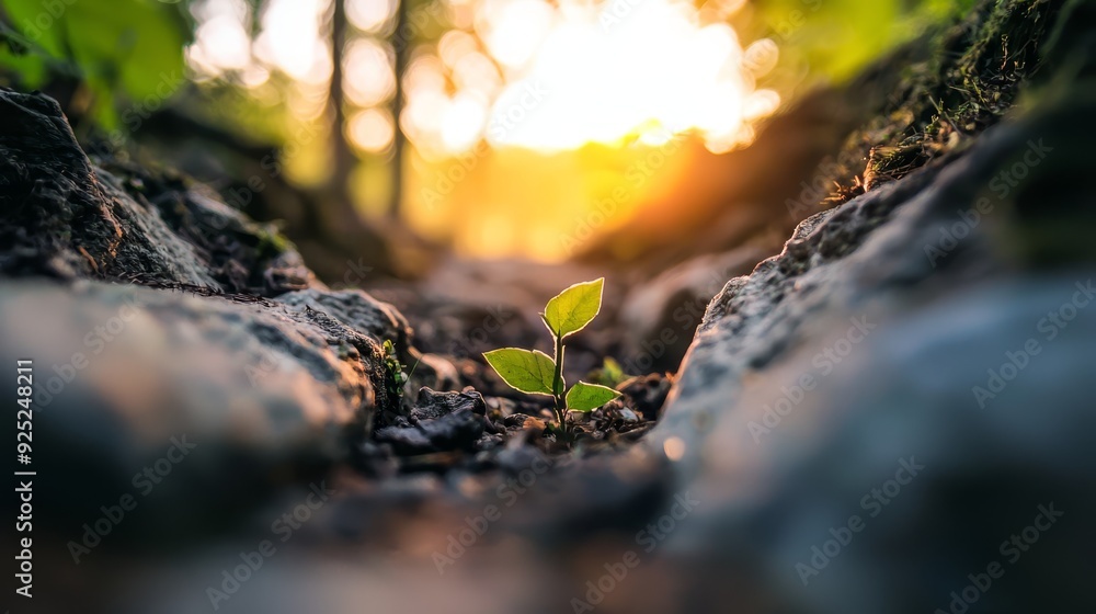A tiny plant emerges from the ground amidst rocky terrain as the sun sets behind A tiny plant emerges from the ground amidst rocky terrain as the sun sets behind