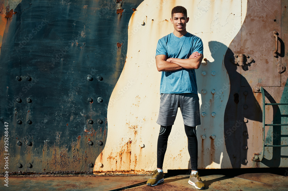 Obraz premium Arms crossed, portrait and wall background with sports man on space in city for training or workout. Fitness, exercise and outdoor with confident athlete on mockup for challenge or urban performance