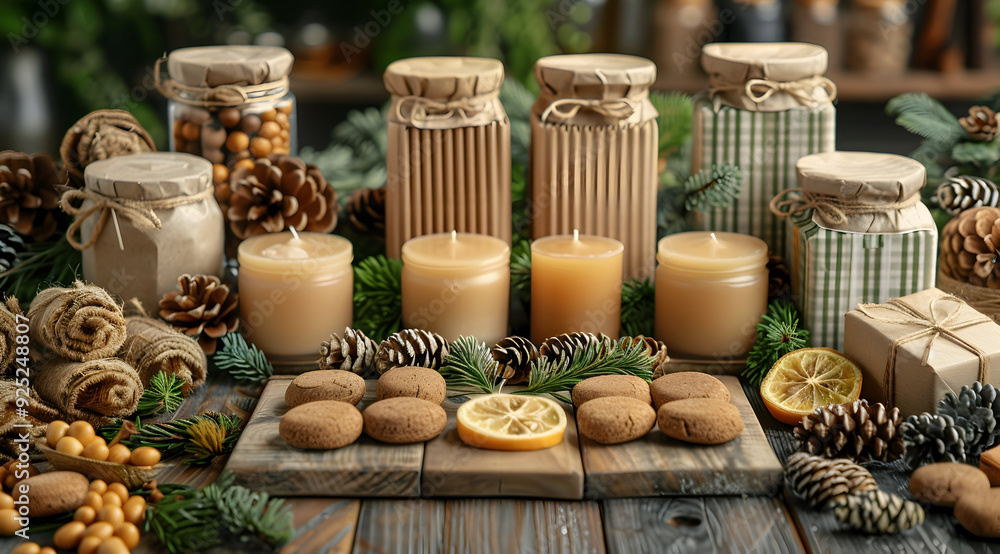 Fototapeta premium Rustic Christmas Still Life with Candles, Pine Cones, and Gifts - Realistic Image