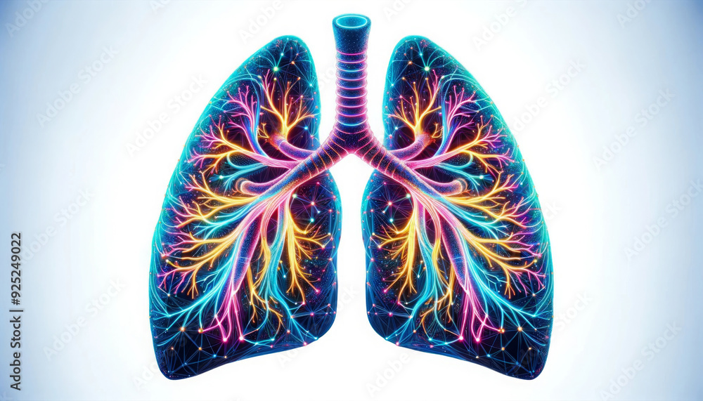 Vibrant digital illustration of human lungs with a network of glowing ...