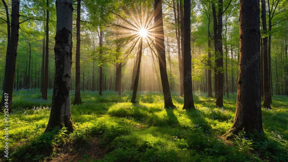 Obraz premium Sunlight rays pierce through the trees in a serene and lush forest, capturing a breathtaking natural scene.