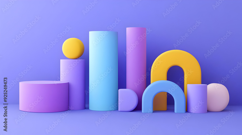 A collection of colorful geometric shapes arranged on a purple background. A collection of colorful geometric shapes arranged on a purple background.