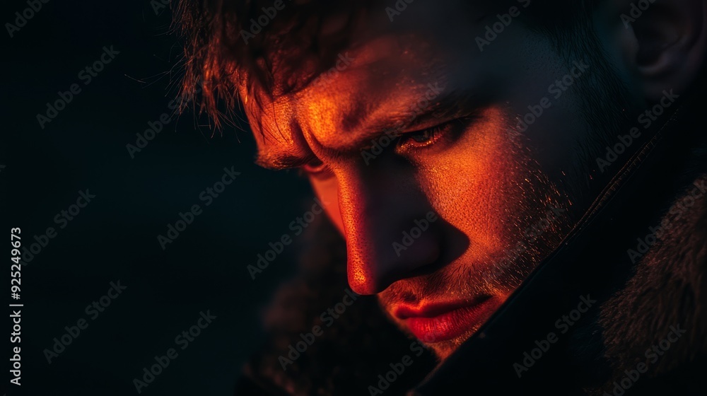 A tight shot of a figure in a fur coat, facing a red light that illuminates their face against a dark backdrop A tight shot of a figure in a fur coat, facing a red light that illuminates their face against a dark backdrop