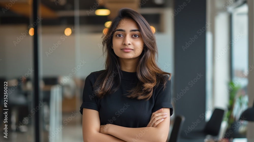 Portrait of a young businesswoman standing in a modern office space with arms crossed, representing professionalism and confidence.