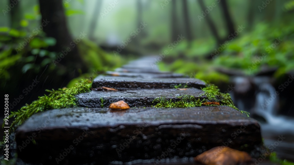 A forest trail, lined with moss-covered stones, hosts a flowing stream down its center A forest trail, lined with moss-covered stones, hosts a flowing stream down its center