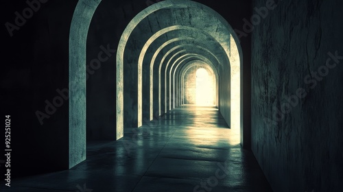 A long  dark hallway with arched doorways leading to a bright light at the end. The light is a symbol of hope and new beginnings.