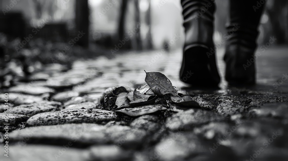 A monochrome image of someone strolling on a cobblestone path, umbrella abandoned at their side A monochrome image of someone strolling on a cobblestone path, umbrella abandoned at their side