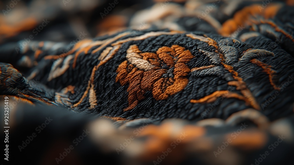 A tight shot of a cloth piece, adorned with a floral design and intricate pattern along its edge A tight shot of a cloth piece, adorned with a floral design and intricate pattern along its edge
