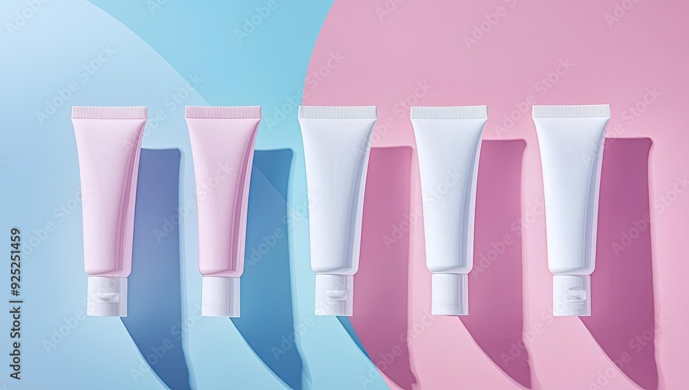Five cream tubes on pink and blue background. Five cream tubes on pink and blue background.