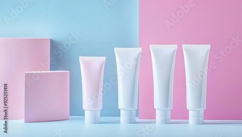 Four white tubes on a pink and blue background.