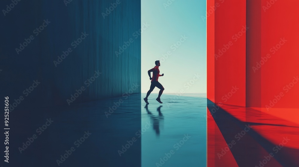 A silhouette of a runner in a minimalist setting with blue and red walls. The runner is moving forward towards the light. A silhouette of a runner in a minimalist setting with blue and red walls. The runner is moving forward towards the light.