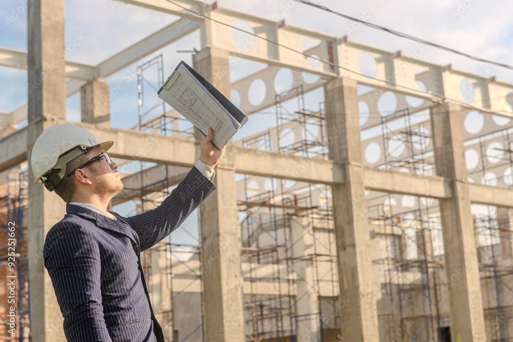 Asian adult foreman stands in front of the construction inspecting a construction project with determination. Engineer inspects construction. Asian adult foreman stands in front of the construction inspecting a construction project with determination. Engineer inspects construction.