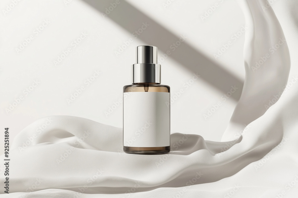 perfume bottle with blank label mockup on white fabric background backdrop window sunlight shadows perfume bottle with blank label mockup on white fabric background backdrop window sunlight shadows