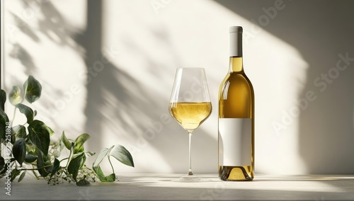 White wine bottle and glass on table. photo