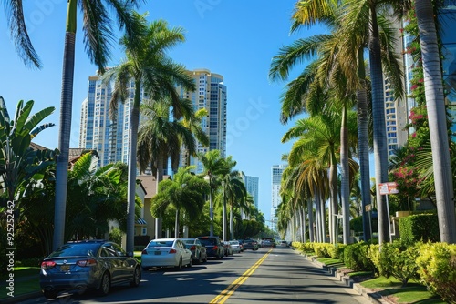 a street lined with palm trees and tall buildings