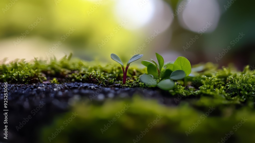 A tight shot of a tiny plant sprouting from a clump of grass against a hazy, indistinct backdrop of soil A tight shot of a tiny plant sprouting from a clump of grass against a hazy, indistinct backdrop of soil
