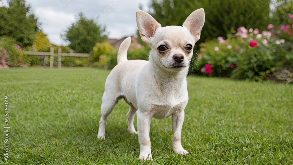 Cream smooth coat chihuahua dog in the garden Cream smooth coat chihuahua dog in the garden