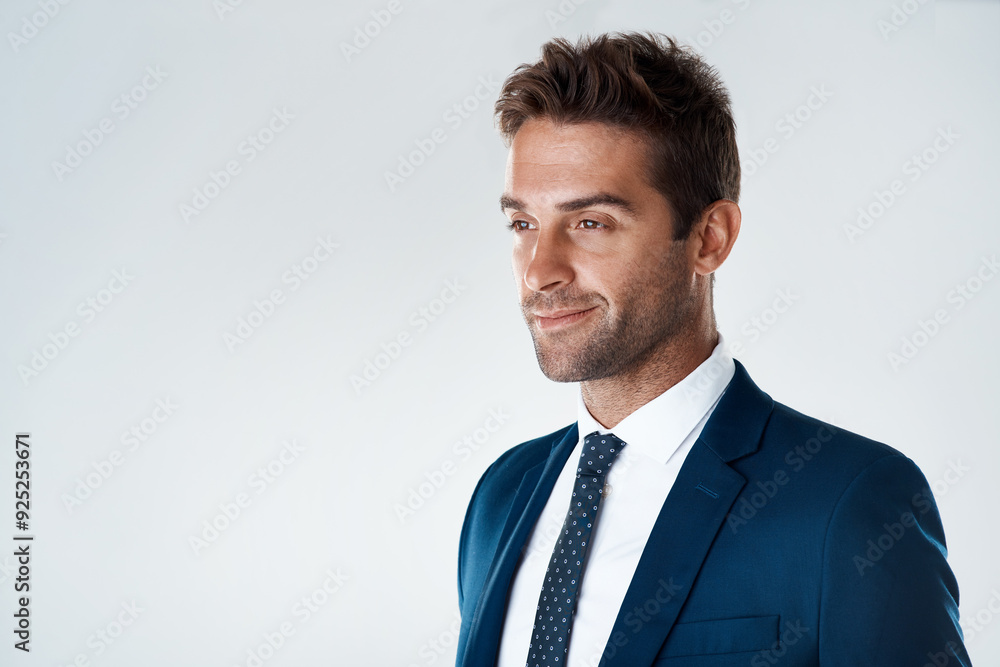 Businessman, smile and thinking on studio mockup for pride, opportunity and success in legal career. Professional, corporate and face on white background space with confidence, experience and fashion Businessman, smile and thinking on studio mockup for pride, opportunity and success in legal career. Professional, corporate and face on white background space with confidence, experience and fashion