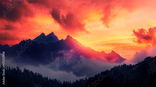  A painting of a mountain range with clouds, trees in the foreground, and a red sky behind