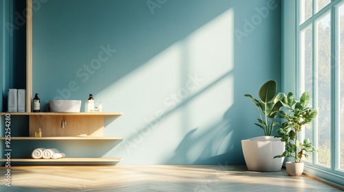 Minimalist interior with blue wall  wooden shelf  potted plants and sunlight streaming through window.