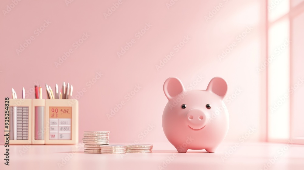 Pink piggy bank on a pink table with coins and office supplies. Sunlight streams in from a window. Pink piggy bank on a pink table with coins and office supplies. Sunlight streams in from a window.