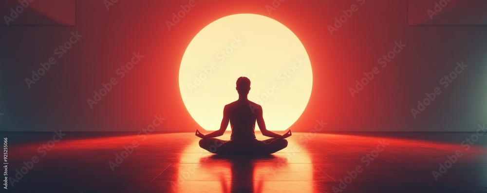 Silhouette of a person meditating in front of a large glowing orb. Silhouette of a person meditating in front of a large glowing orb.