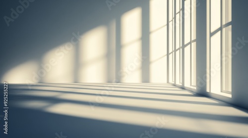 Sunlight streams through a large window in a minimalist room  casting long shadows on the floor.