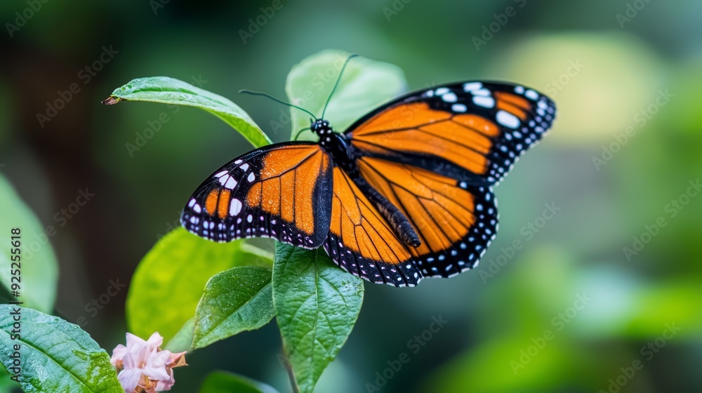 A large orange butterfly atop a green, leafy plant bears white dotting on its wings A large orange butterfly atop a green, leafy plant bears white dotting on its wings